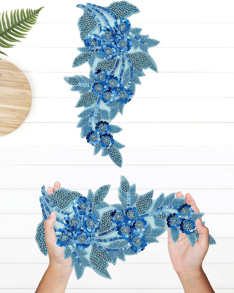 SAIXCCS 1pc Large Flower Rhinestone Applique Blue, Embroidery Sequin Patches for Clothes,Beaded Lace Applique for Wedding Bridal Dress Bodice Hat Sewing Craft for Girl Embellishment(Blue) - Image 2